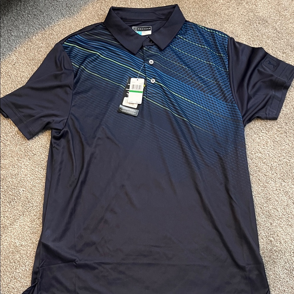 PGA Tour Navy and Blue Striped Polo Shirt NWT
